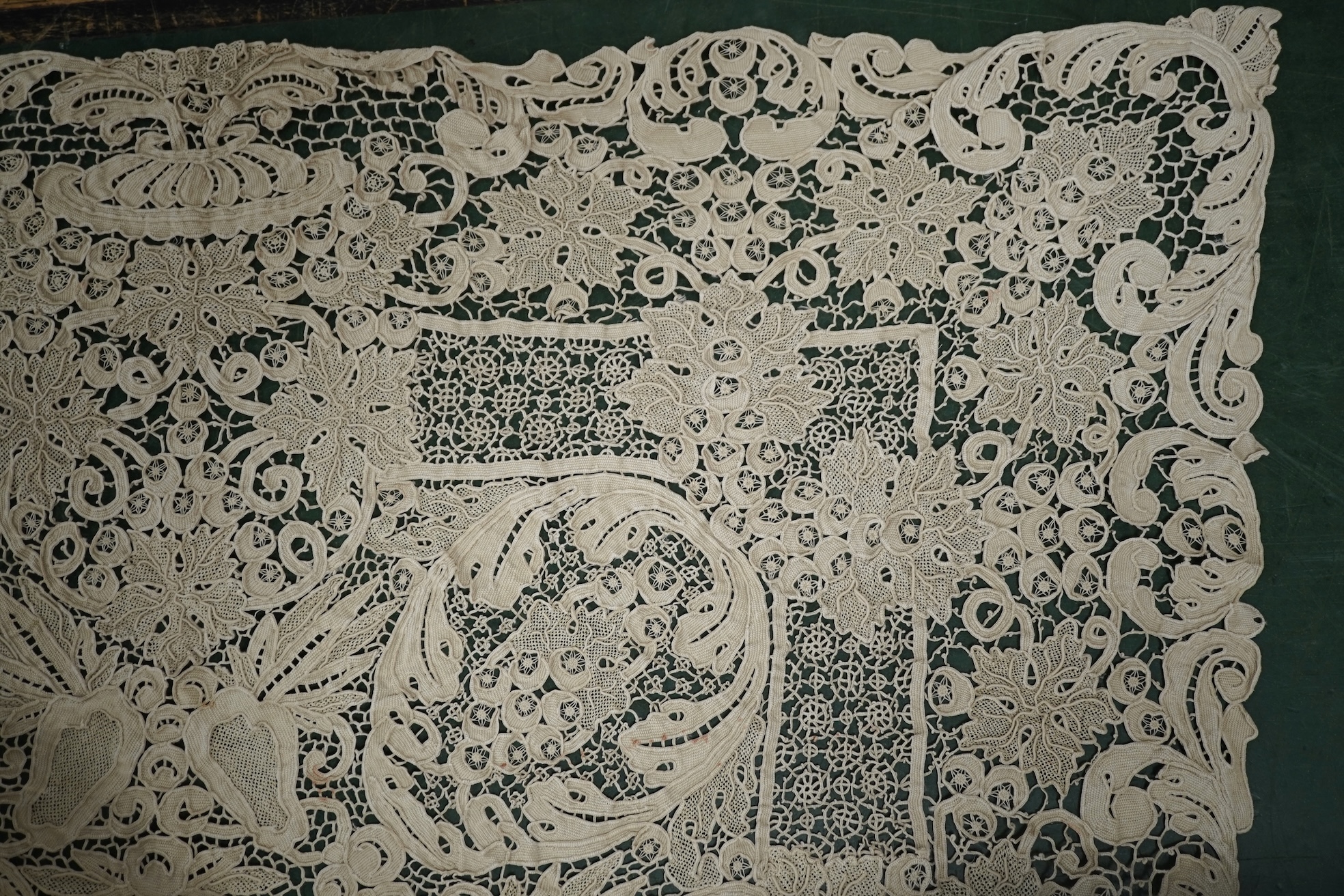 A 20th century lace bedcover, in Burano style lace. 276cm x 172cm